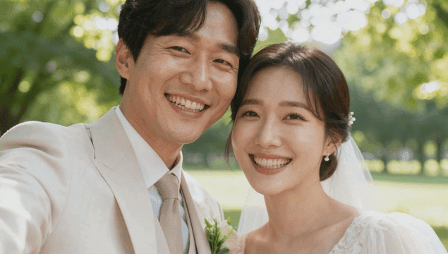 공원에서 결혼하는 행복한 신혼부부