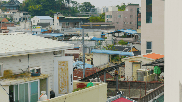 Residential area with varied rooftops