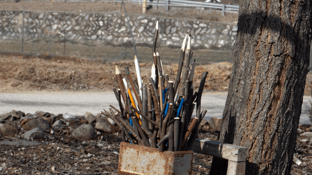 나무 배경의 나뭇가지 연필 조각품