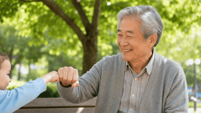 Elderly person and child exchanging fist bumps in park