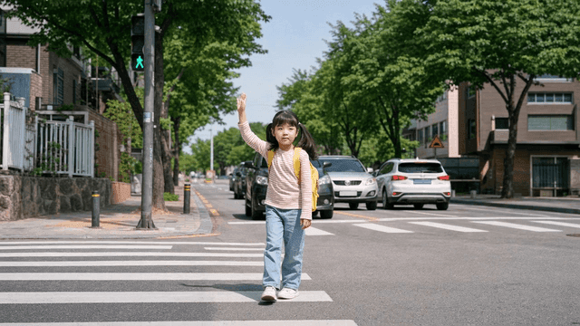 Girl crossing crosswalk with backpack on and her hand raised