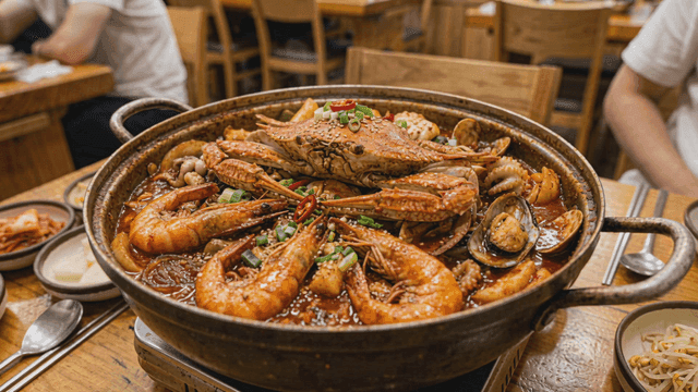 Spicy seafood stew on table.