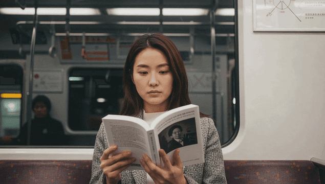 지하철에서 책을 읽는 여성