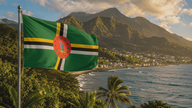 Dominican Republic flag with mountains and sea visible