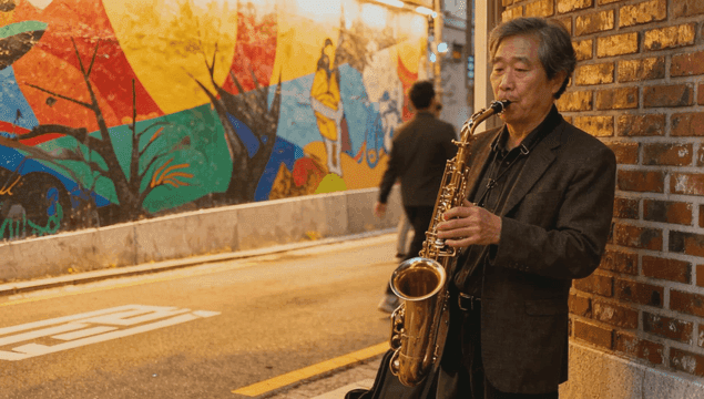 거리에서 색소폰을 연주하는 음악가