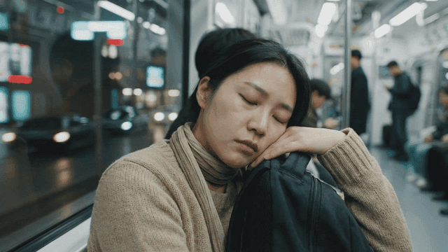Tired woman taking break on subway
