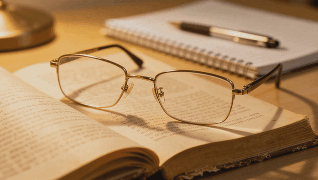 안경과 노트가 있는 열린 책