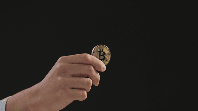 비트코인 동전을 들고 있는 손