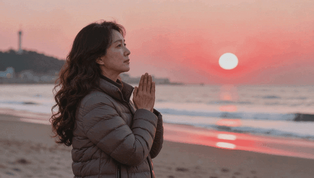 해변에서 기도하는 여성