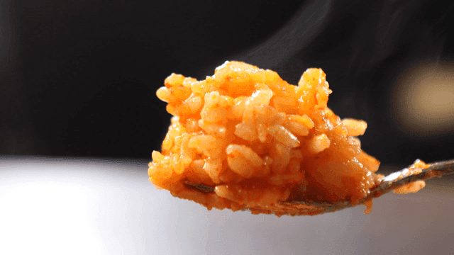 Spoonful of rice mixed with broth