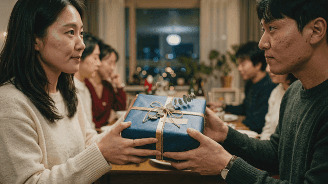 아늑한 크리스마스 모임에서 선물을 교환하는 커플