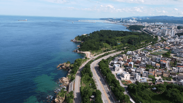 도로와 녹지가 있는 해안 도시