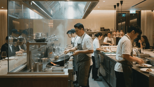 Chefs preparing dishes in a busy kitchen
