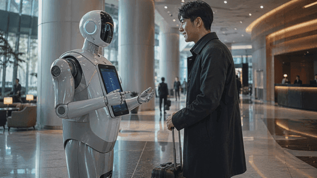 A man interacting with a robot in a modern lobby