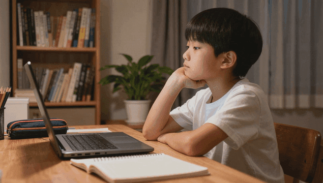 집에서 온라인 학습 중인 남자아이