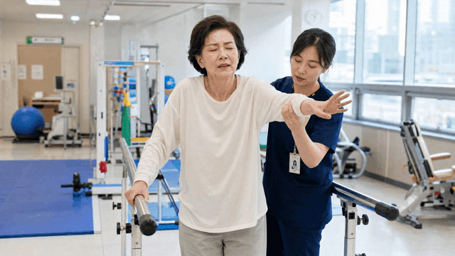 Elderly women receiving rehabilitation physical therapy