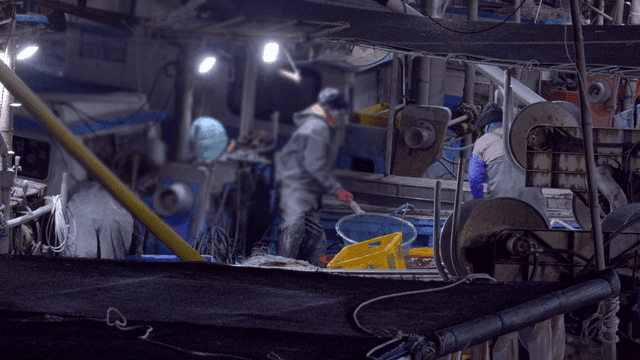 Fishermen working on a boat at night