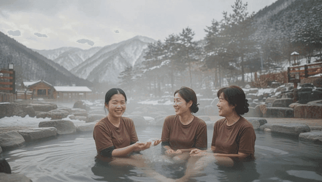 겨울 온천을 즐기는 여성들