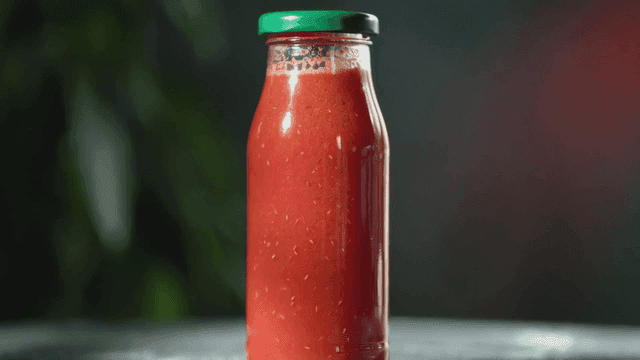 Red tomato juice bottle on table