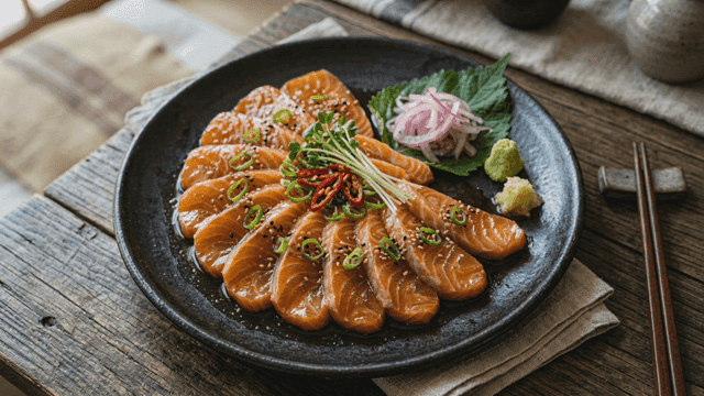 Beautifully plated soy sauce marinated salmon
