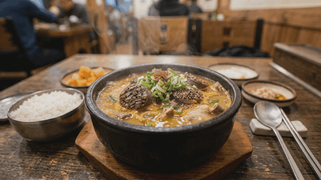 Sundaeguk served with rice and side dishes