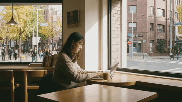 Woman working on laptop at cafe