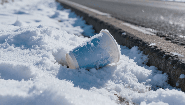 거리에 버려진 눈 위의 종이컵