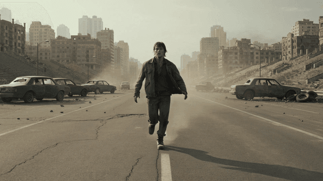 Man running in abandoned city street