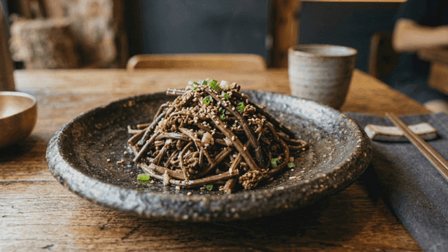 Plate of seasoned bracken on table