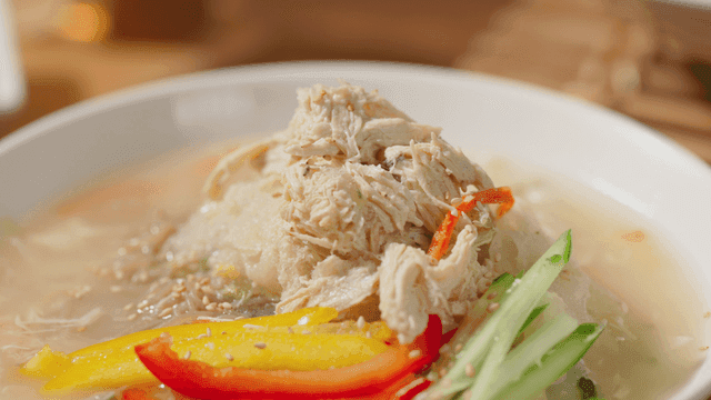 Cold chicken noodles with vegetables in Korean style