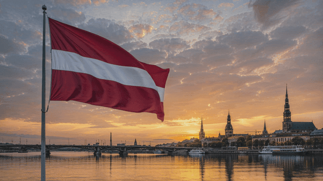 Latvian flag and European scenery at sunset