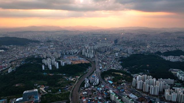 Sprawling cityscape at sunset