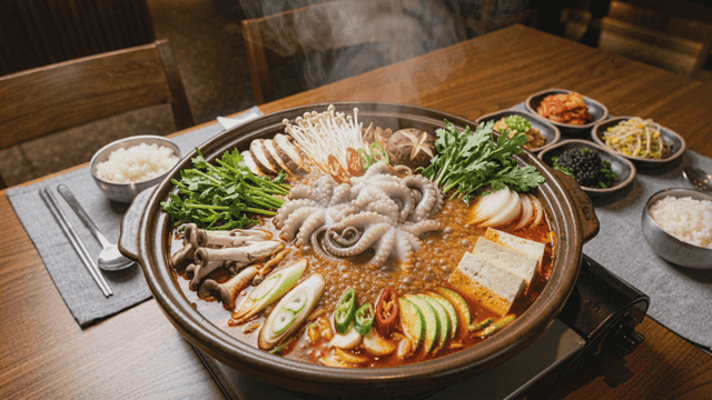 Steaming hot seafood stew