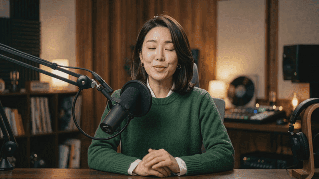 Female radio host speaking into microphone in studio