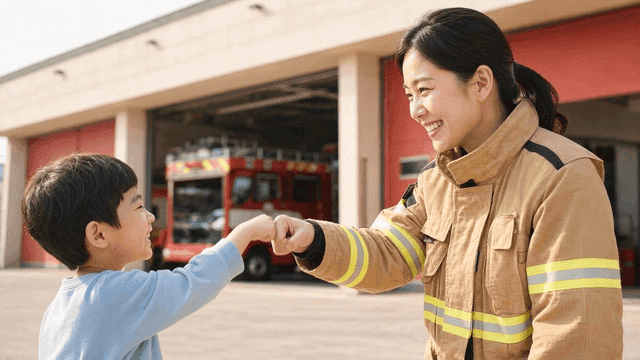 Firefighter and child sharing a fist bump