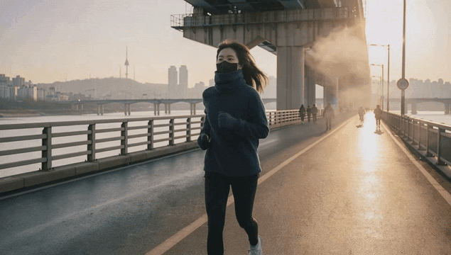 해 뜨는 다리 아래에서 조깅하는 여성
