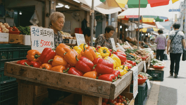 활기찬 시장의 다채로운 피망