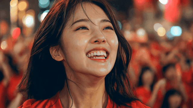 Woman cheering enthusiastically in crowd