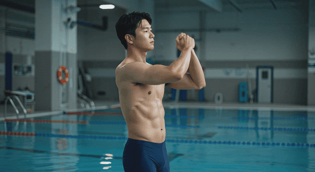 Man warming up at the swimming pool