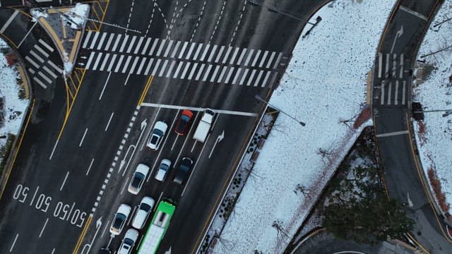 Snowy Urban Traffic from Above