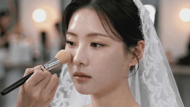 Bride getting makeup applied with a brush