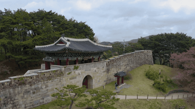 벚꽃과 전통 성문이 조화를 이루는 성곽