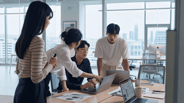 Team discussing a project in a modern office