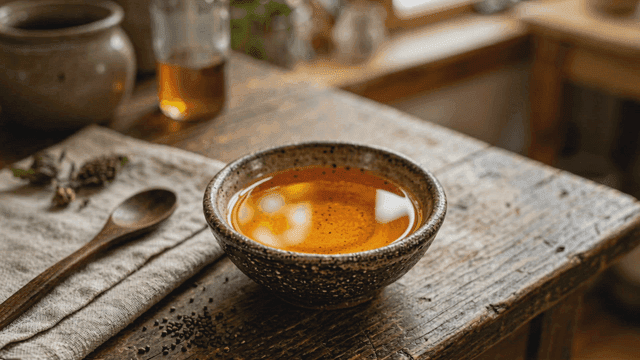 Bowl of herbal tea on simple table