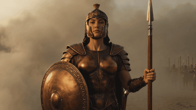 Greek female warrior holding spear and shield