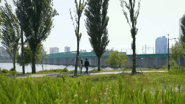 Couple walking along riverside
