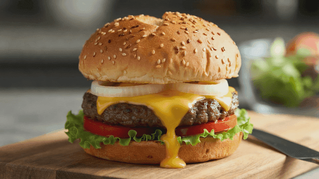Juicy cheeseburger with fresh toppings.