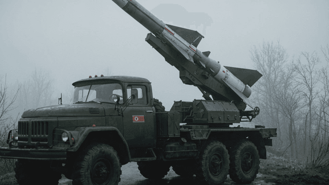 North Korean military truck equipped with missiles in foggy area