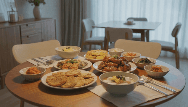 Table filled with variety of Korean holiday dishes