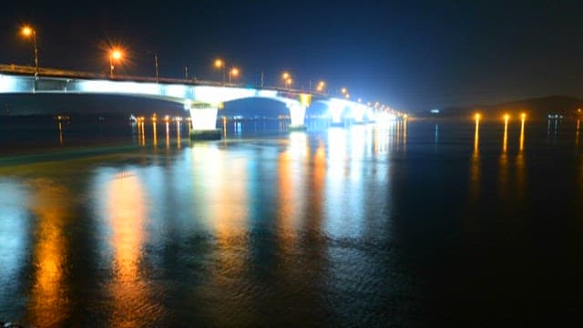 Illuminated Bridge Over Calm Waters at Night